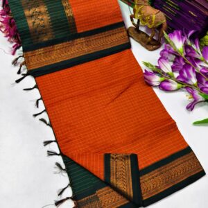 Checked Kalyani Cotton Saree (Orange With Green)