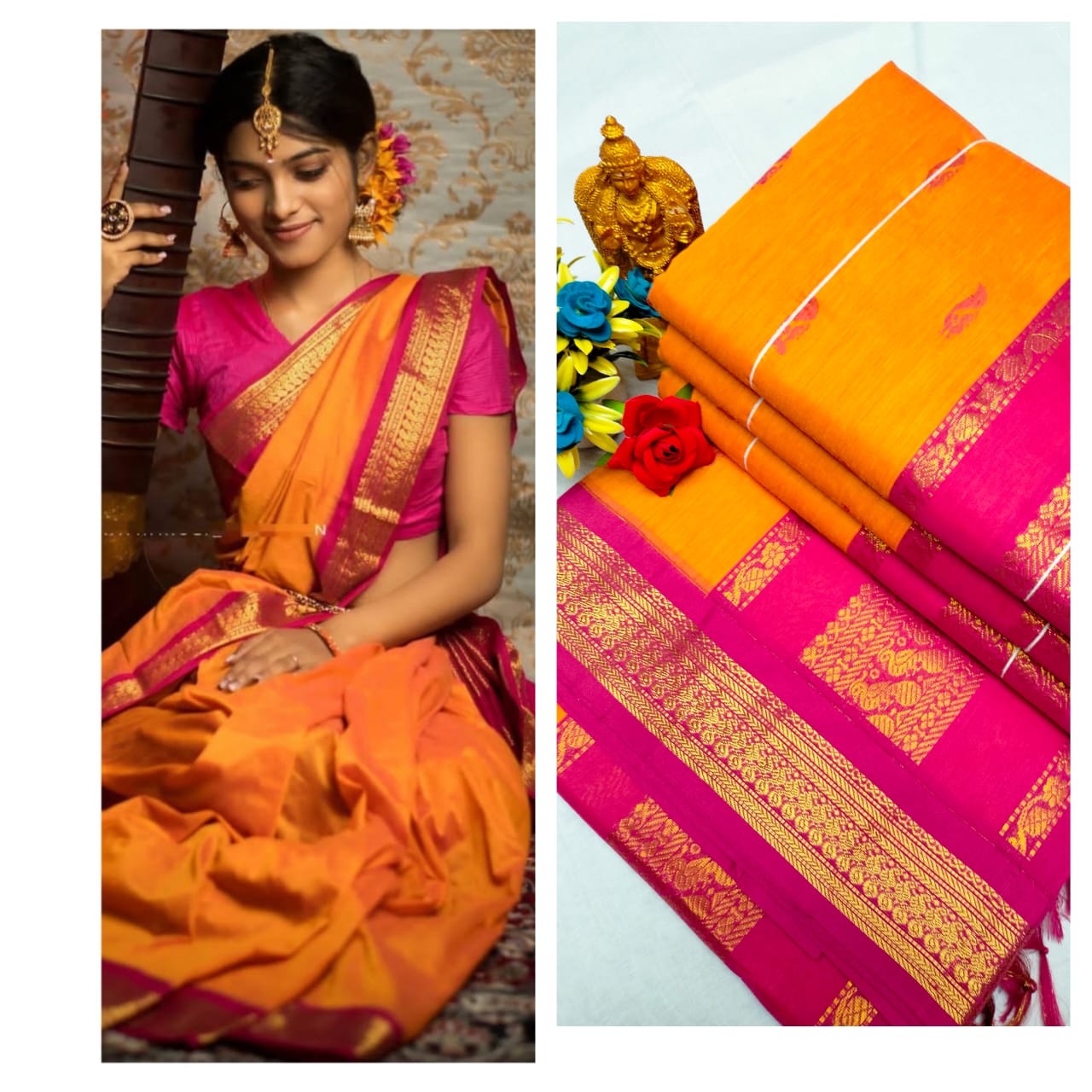 Plain Kalyani Cotton Sarees (Yellow With Pink)