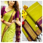 Plain Kalyani Cotton Sarees (Green with Purple)