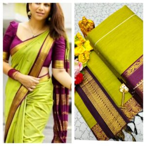 Plain Kalyani Cotton Sarees (Green with Purple)