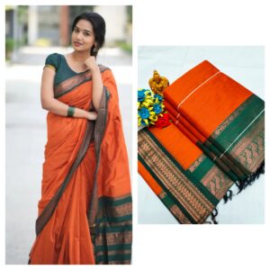 Plain Kalyani Cotton Sarees (Orange With Green)