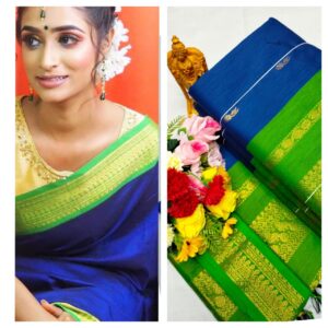 Plain Kalyani Cotton Sarees (Blue With Green)