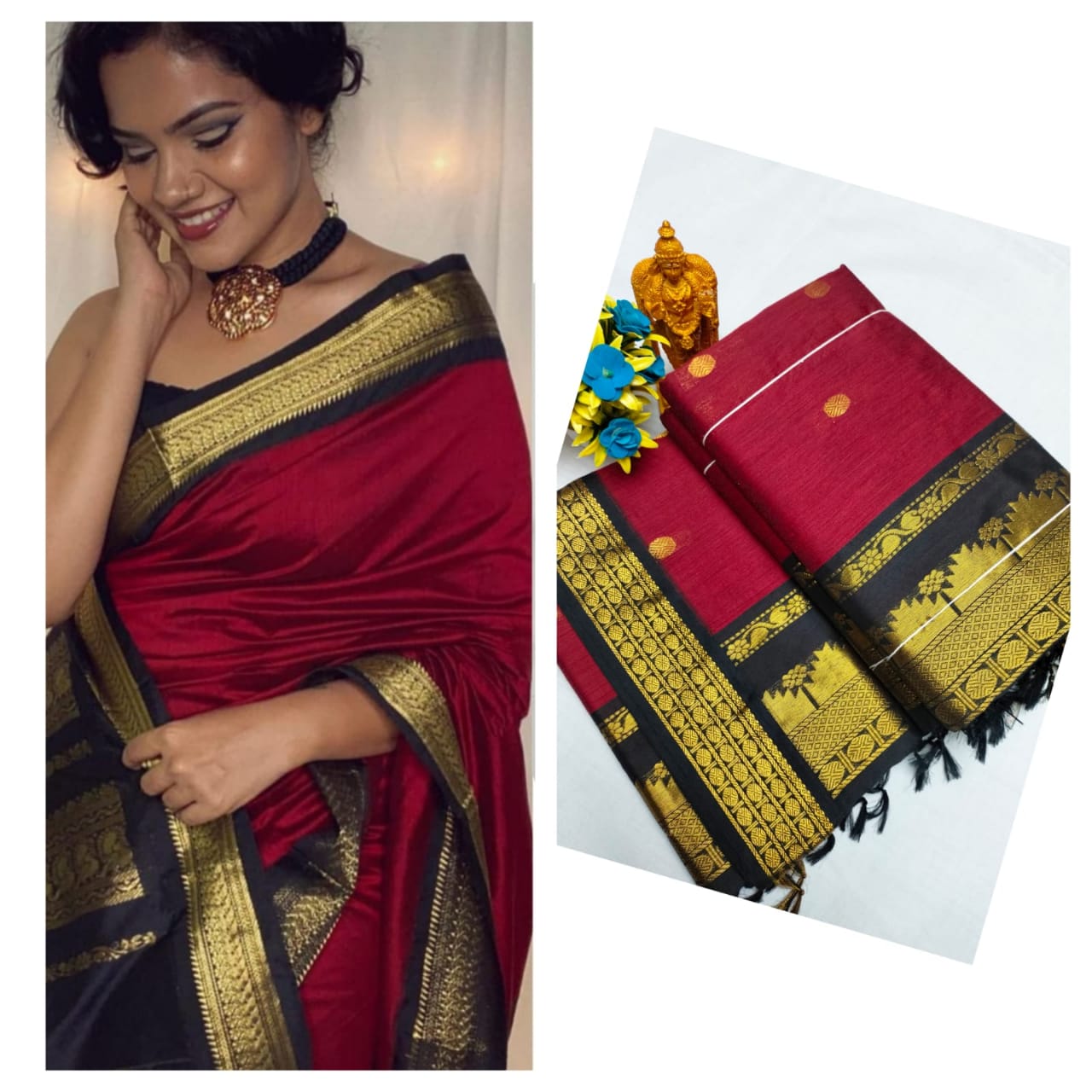 Plain Kalyani cotton sarees (Red With Black)