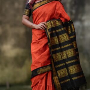 Checked Kalyani Cotton Saree (Orange with Black