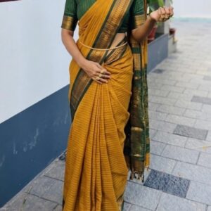 Checked Kalyani Cotton Sarees (Yellow With Green)