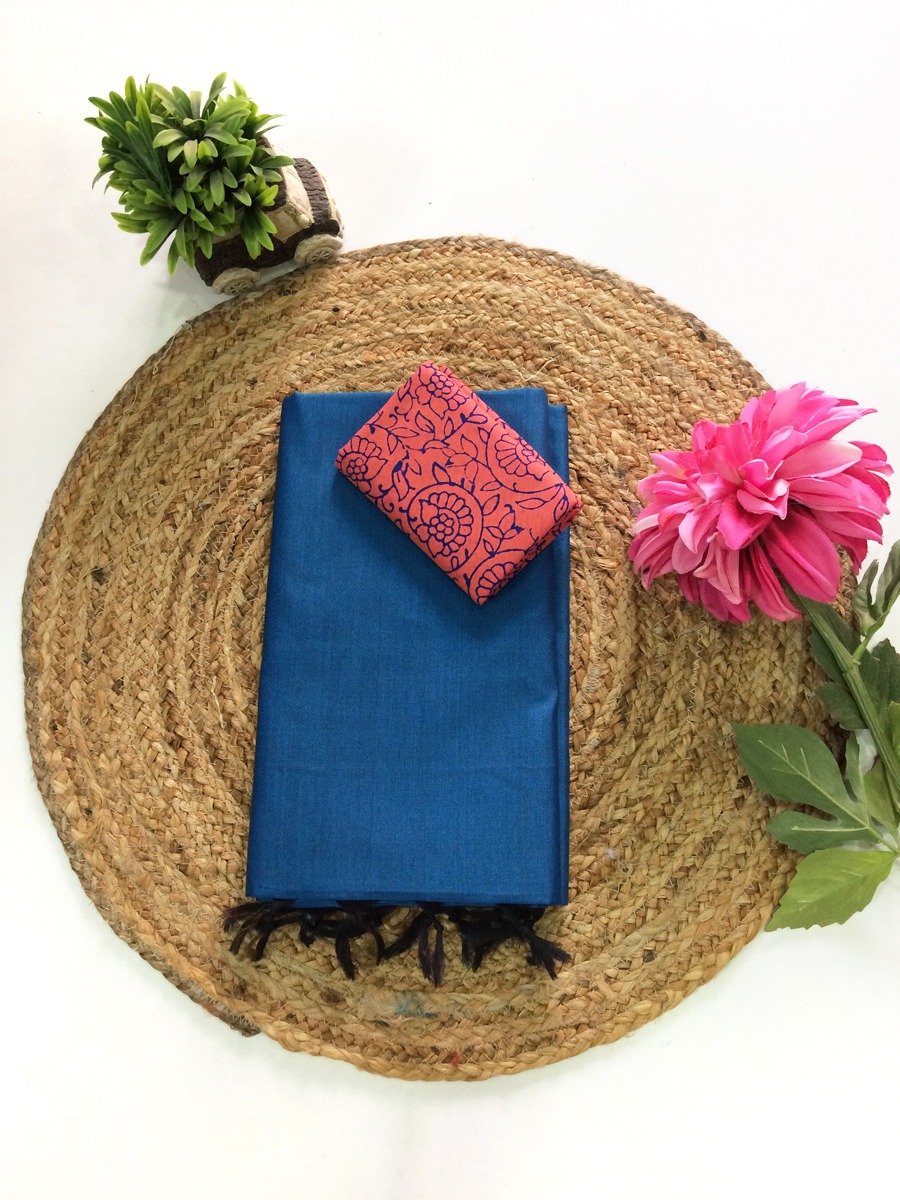 Plain South Cotton Mix Sarees (Blue)